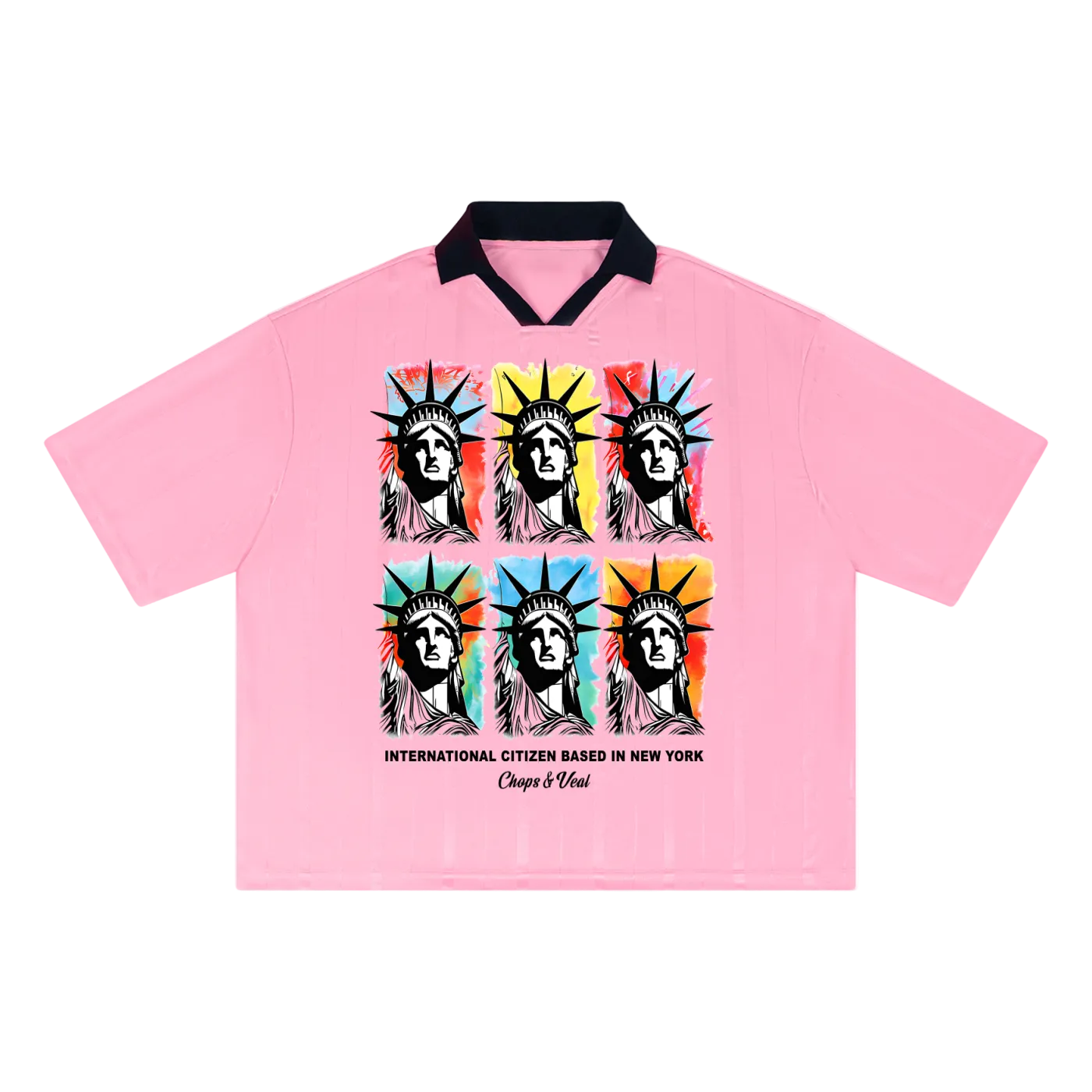 Pink shirt with colorful Liberty head design on a white background